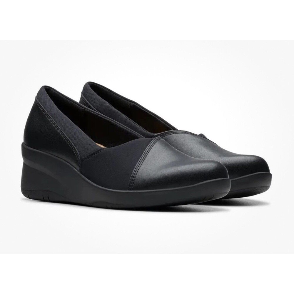 🔥Clarks Women's Suttyn Walk Cushioned Leather Wedge Shoes Black 9.5 Wide 🔥